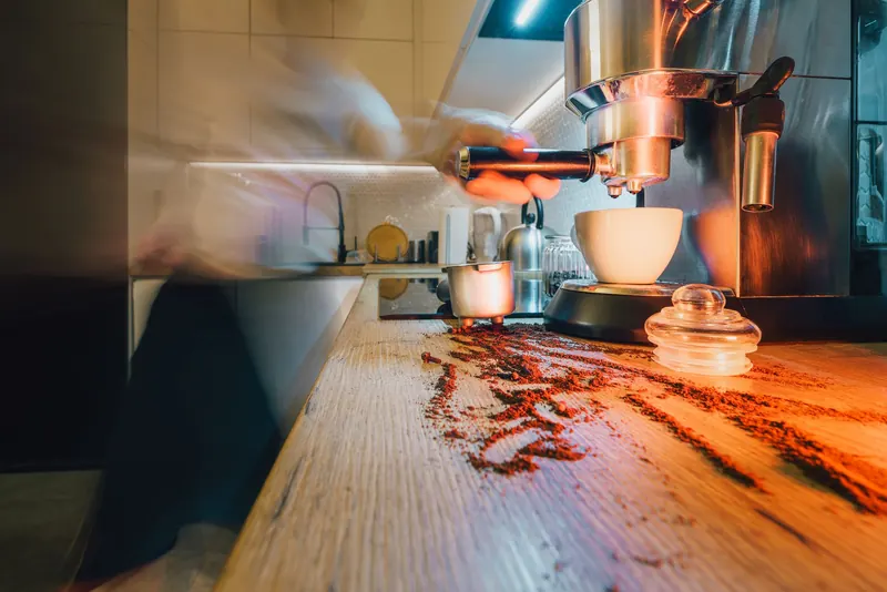Artistically blurred motion of coffee preparation on a modern kitchen counter